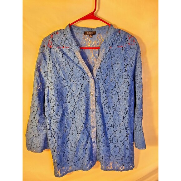 Elementz Blue Sheer Button Up Shirt Top Blouse Womens Size XL Lace 16/18 Office - Picture 1 of 3